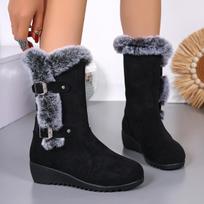 Vintage Fluffy Fur Non Slip Suede Snow Boots Women 2025 Winter Warm Plush Black Ankle Boots Metal Buckle Furry Short Booties 43 35 juoda