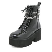 Leather Women Modern Boots Gothic Style Metal Bat Dark Black Platform Mid Calf Boots Chunky Heels Sexy Fashion High Heels 35 juoda