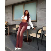 Women's High Rise Belted Flare Jeans Slim Fit Streetwear Vintage Rivet Washed Denim Trousers S plytų raudona spalva