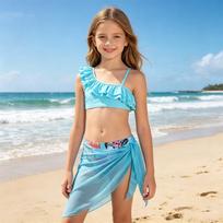 Girls Two Piece Swimsuit Set One Shoulder Ruffle Bikini Top with Adjustable Strap and Mesh Sarong Cover Up Beachwear for Kids 150 oranžinė