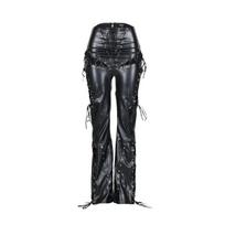 Women's High Waist Lace Up PU Leather Flare Pants Slim Fit Cut Out Lace Side Strappy Long Trousers S juoda