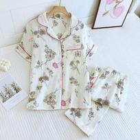 New Spring/Summer Women's Pajama Set 100% Cotton Crepe Short Sleeve+Pants Two Piece Set for Women's Cute Home M balta