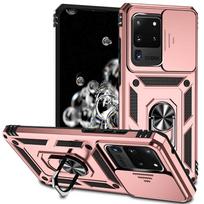 Smūgiams atsparus šarvuotas dėklas, skirtas Samsung Galaxy S20 Ultra 5G, su magnetiniu laikiklio žiedu ir slankiojančiu kameros objektyvo dangteliu, skirtas Galaxy S20+ Plus S20 FE Galaxy S20 Ultra 5G rožinio aukso spalvos