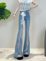 Women's Rhinestone High-Waisted Blue Lace Flare Jeans L mėlyna