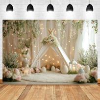 Spring Easter Tent Photography Backdrop Bunny Eggs Green Grass Flowers Floral Photography Background Kids Party Decoration Vinyl 60x40cm