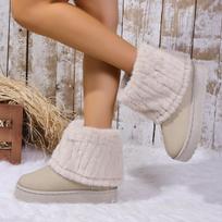 Warm Faux Fur Boot Tube Snow Boots Women 2025 Winter Round Toe Soft Thick Bottom Medium Heel Ankle Boots Winter Cotton Shoes 36 smėlis