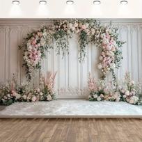 Elegantiškas gėlių fotografijos vestuvių fonas - rožinės ir baltos rožės, žalūs augalai ir sudėtingas nėrinių dizainas 100x150cm