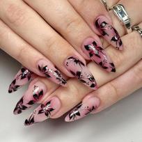 Long Stilettos Press On Nail Glossy Flower Design Artificial Fingernails 24pcs French Glittering Design 1 brown