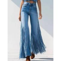 Women's High Rise Fringe Flare Jeans Loose Fit Streetwear Irregular Hem Spliced Denim Trousers S mėlyna
