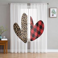 Valentine 'S Day Love Red Leopard Plaid Tulle Curtains For Living Room Decoration Modern Chiffon Sheer Voile Kitchen Curtain 135W x 114H(cm) white
