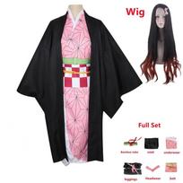 Anime Demon Slayers Kimetsu no Yaiba Kamado Nezuko Cosplay Costume Kimono Uniform Suit Halloween Praty Clothes L-(Full set+wig)