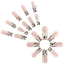 24x French Tip Press On Nail 3D Bows Full Cover False Nail Long Square Stick On Nail Leopard Print Acrylic Nail