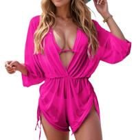 Women’s Solid Color Tie-String High-Waist Bikini Swimsuit, Sexy Drawstring 3-Piece Swimwear Set S rožinė raudona spalva