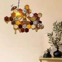 Stained Glass Bee and Floral Suncatcher, Handcrafted Hanging Window Art, Vibrant Honeycomb Design, 12x10 Inches One Size