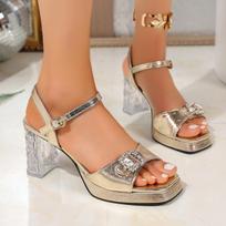 Sexy Gold Square Toe Sandals Women Metal Buckle Decoration Super High Heels Sandals Women Clear Heel Party Dress Shoes 34 auksas