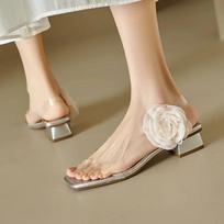 2025 Summer New Sexy Flower  Sandals Women Pointed Toe Stilettos Shoes for Dress Party Pumps Slippers 35 sidabras