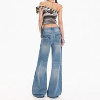 Spring Summer Vintage Blue Embroidery Relaxed Micro Flare Wide Leg Denim Pants For Ladies Casual Pants Oversize Denim Trousers XS