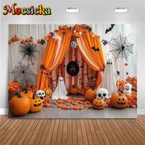 Mocsicka Halloween Tent Background Home Pumpkin Party Backdrops Photography Indoor Bat Spider Web White Demon Decorations Banner Cotton-150x100cm