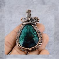 Azurite Gemstone Pure Copper Wire Wrap Handmade Jewelry Pendant 2.75 inches mėlyna