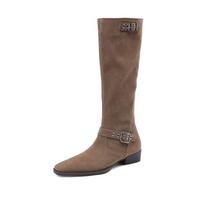 Krazing Pot Cow Suede Autumn Winter Shoes Round Toe Metal Buckle Big Size 42 Thick Med Heels Slip on Western Boots Women Knee Boots 34 ruda