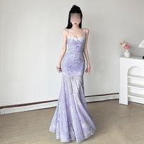 Lace splicing print suspender dress women's summer fishtail skirt slim mesh skirt design hip-wrapped dress S- (can be worn within 45kg) levanda