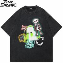 HipHop  Men Washed Black TShirt Streetwear Funny Skeleton Devil Wings Graphic T Shirt Cotton Hipster Tshirt Tops Tee Unisex S
