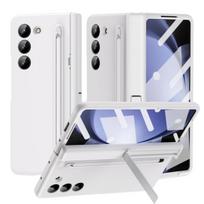 Matte odos pojūčio dėklas Samsung Galaxy Z Fold 6 5 4 3 telefonams su grūdintu stiklu, rašiklio lizdu, talpiniu rašikliu, sulankstomo lanksto laikiklio dangteliu for Galaxy Z Fold 3&case with touch pen balta