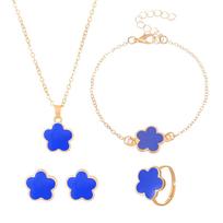 Blue Flower Jewelry Set Gold Tone Four Leaf Clover Necklace Bracelet Earrings Ring Set for Women Daily Wear