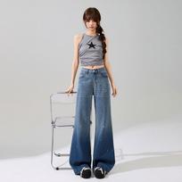 Spring Tencel Thin Super Popular Drape Relax Flare Straight Rhinestone Wide Leg Denim Pants For Ladies Casual Pants Oversize Denim Trousers XS