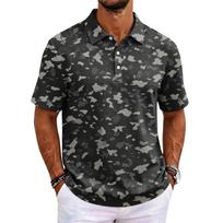 Men Classic Fit Polo Shirt Short Sleeve Camouflage Pattern Turn Down Collar Button Front Business Casual Style L juoda