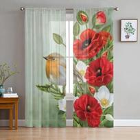 Yellow Bird On A Red Poppies Tulle Window Curtain For Living Room Bedroom Voile Sheer Curtains Kitchen Treatments Drapes 135W x 114H(cm) red