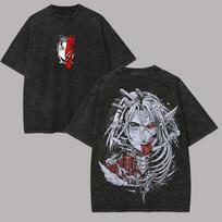 Anime Attack Titan Retro Wash Printed T-shirt Mikasa Ackerman Eren Jaeger Free Wings Pattern Men's T-shirt S