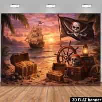 Pirate Treasure Island Backdrop with Sunset Beach, Ship and Gold Coins 47.2x31.5inch/120*80cm