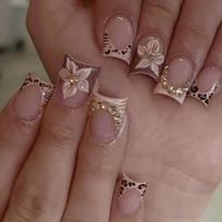24Pcs Flower Leopard Print Press On Nails Short Square Brown French Fake Nails for Women Daily Office Wear A