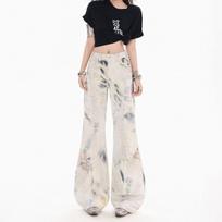 Spring Summer Fashion Digital Print Relaxed Micro Flare Pure Cotton Denim Pants For Ladies Casual Pants Oversize Denim Trousers S
