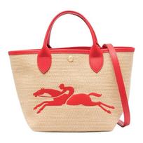 Longchamp rankinė Le Panier Pliage 21 šiaudinė siuvinėta užsegama spaudėmis drobė su karvės odos apdaila krepšio tipo ant peties per petį maža 10144HZB545 smėlis