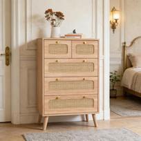 Commode - Plcnn - 5 Tiroirs - Bois Naturel - Finition en Rotin - Style Vintage - 34x60x91cm