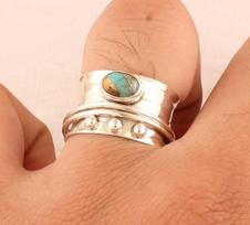 Oyster Copper Turquoise Gemstone Ring, Spinner Ring, Fidget Ring, Meditation Ring, Thumb Ring, Men Women Ring, 925 Silver Jewelry 12 beige