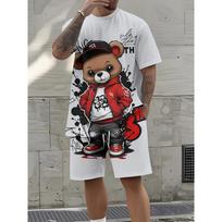 Men's Summer Fashion Teddy Bear Print Soft and Breathable Round Neck T-shirt Shorts Set Outdoor Casual Wear S
