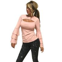 Fashion Flare Sleeve Solid Color Cotton Blouse For Women With Elegant Oneck Design Pink,M