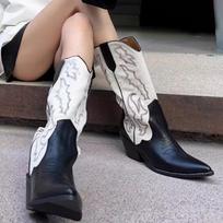 Women's Western Cowboy Boots Embroidered Slimming Mid-Calf Pointed Toe Patchwork Rubber Sole Winter Boots 35 juoda