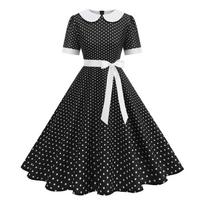 Vintage Style Women's Dress Retro Peter Pan Collar Patchwork Polka Dot Flared Belted Midi Dress with Short Sleeves and Waist Tie M juoda