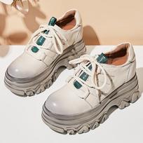 GKTINOO New Spring Women Loafers Genuine Cow Leather Lace-up Platform Casual Shoes Women Wedges Heel Retro Style Handmade Shoes 225