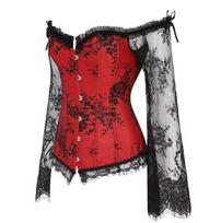 Women Corset Top Plus Size Sexy Lace Long Sleeve Bustiers Shoulder Straps Corselet Vintage Victorian Black Red 3590 S raudona