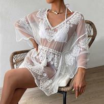 Women White Lace Beach Cover Up Sexy Vacation Swimwear Cover one size balta