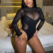 Sexy underwear sexy backless fake meat long-sleeved sapphire blue bikini one-piece hollow mesh average size [simple package] juoda