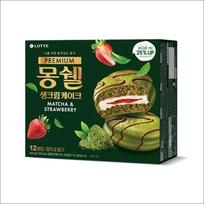 [Lotte] Moncher Premium Cream Cake Matcha & Strawberry (2 Boxes) - Long Shelf Life Snack, Shelf-Stable Fudgy K-Dessert (Authentic) 444g x 1box black