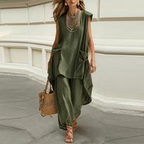 Women Sleeveless Two Piece Set Loose Fit Round Neck Top with Pockets and Elastic Waist Pants Casual Vacation Outfit M