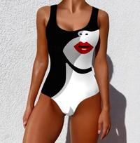 Summer Sexy Face Pattern Printed One-piece Swimsuit Slim Fit and Slimming, Deep U-back Design, Beach Pool Vacation Eye-catching Fashion Swimsuit XS balta