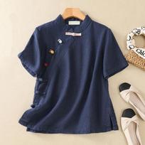 Women Chinese Mandarin Collar Colorful Frog Button Short Sleeve Linen Cotton Blouse M tamsiai mėlyna spalva